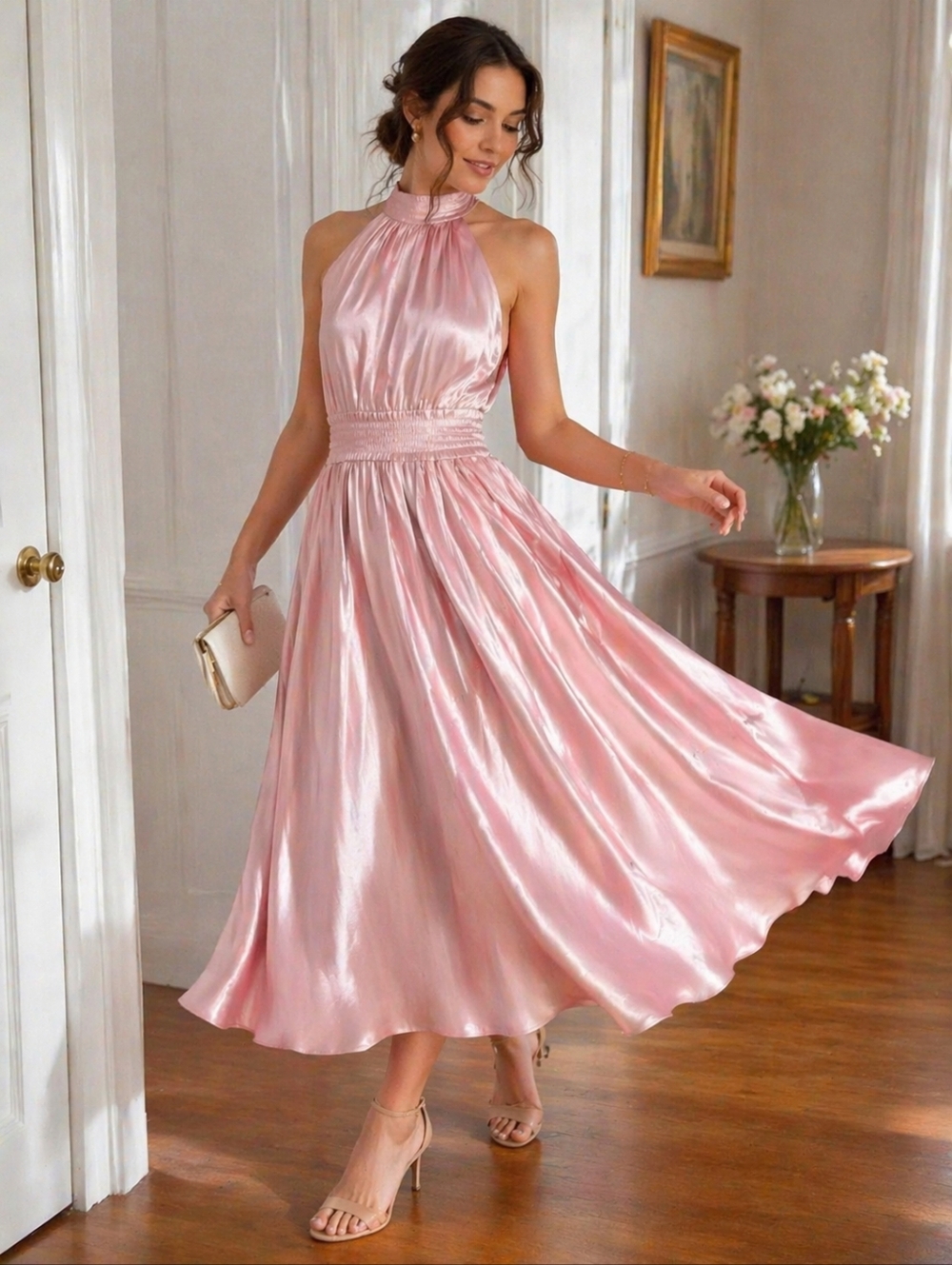 NWT O.P.T Carolyn Satin Halter Midi Dress Pink Glossy Fit & Flare